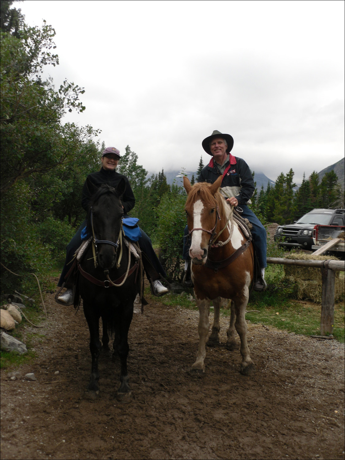 Glacier National Park- Following Horse ride @ Many Glaciers lodge.  Kath is on Jet and Bob is on Star.